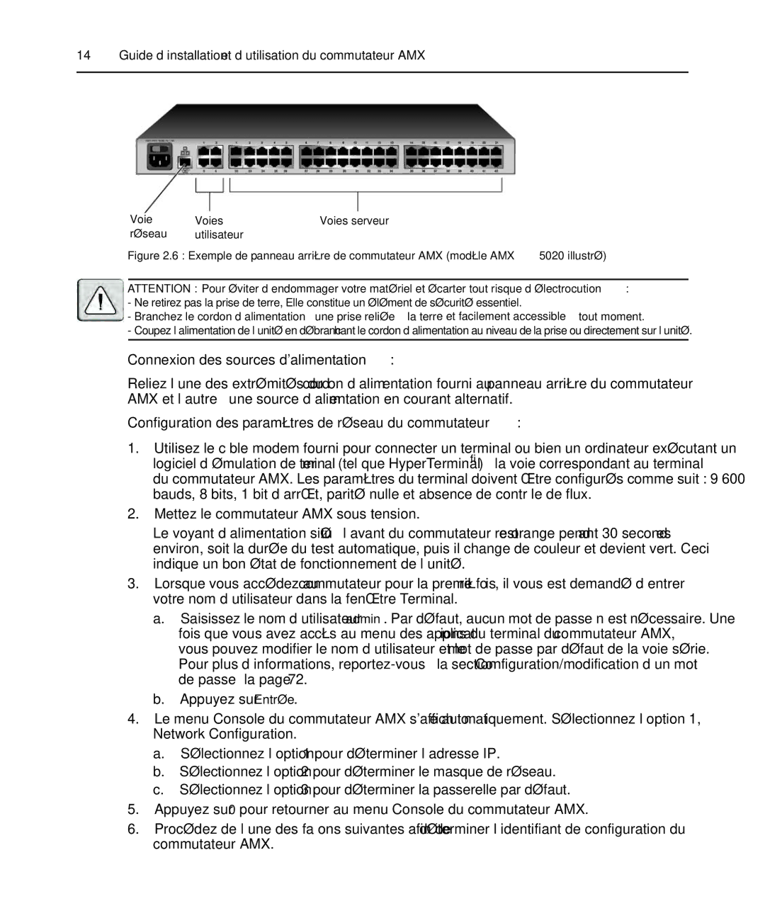 Avocent 590-222-501M manual Connexion des sources dalimentation, Configuration des paramètres de réseau du commutateur 