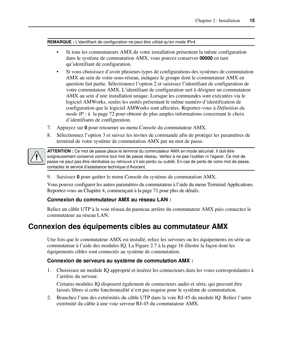 Avocent 590-222-501M manual Connexion des équipements cibles au commutateur AMX, Connexion du commutateur AMX au réseau LAN 