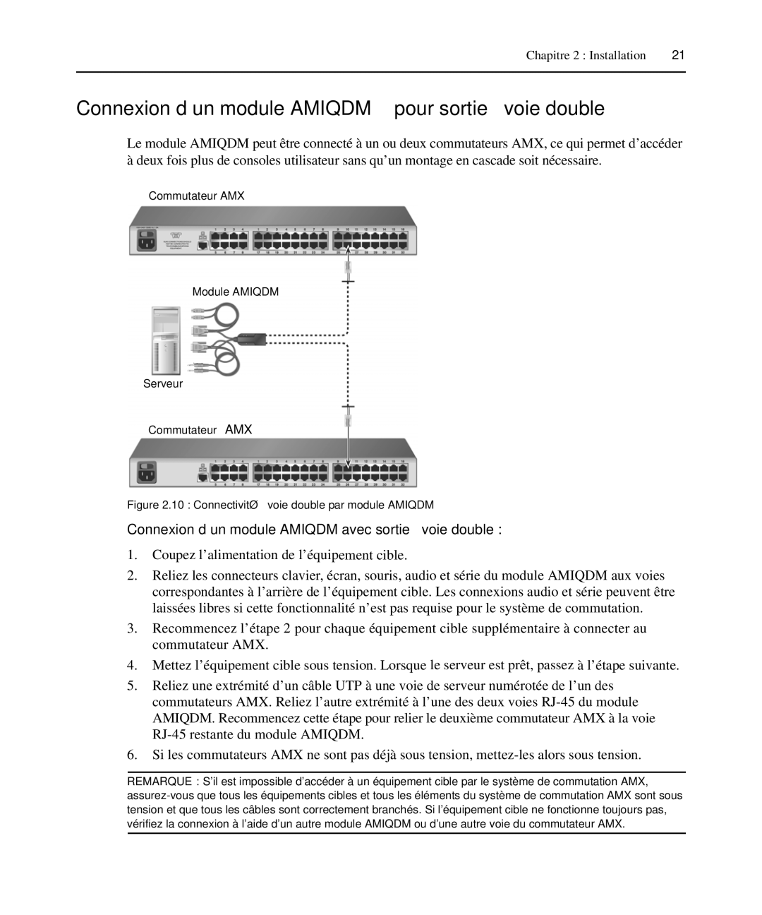 Avocent 590-222-501M manual Connexion d’un module Amiqdm pour sortie à voie double, Commutateur AMX Module Amiqdm Serveur 