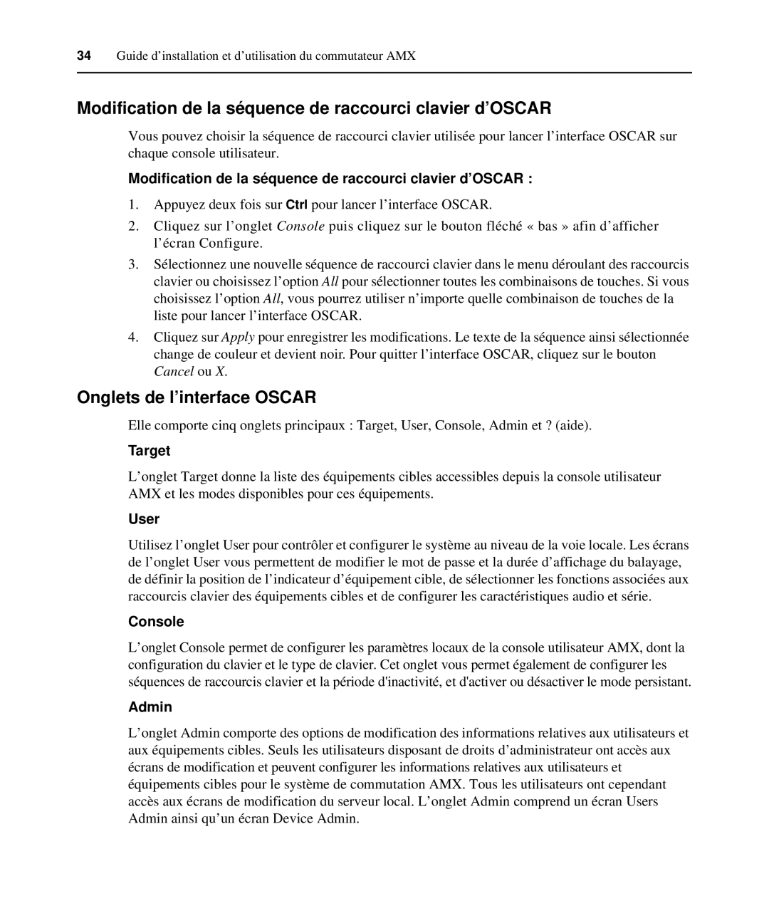 Avocent 590-222-501M manual Modification de la séquence de raccourci clavier d’OSCAR, Onglets de l’interface Oscar 