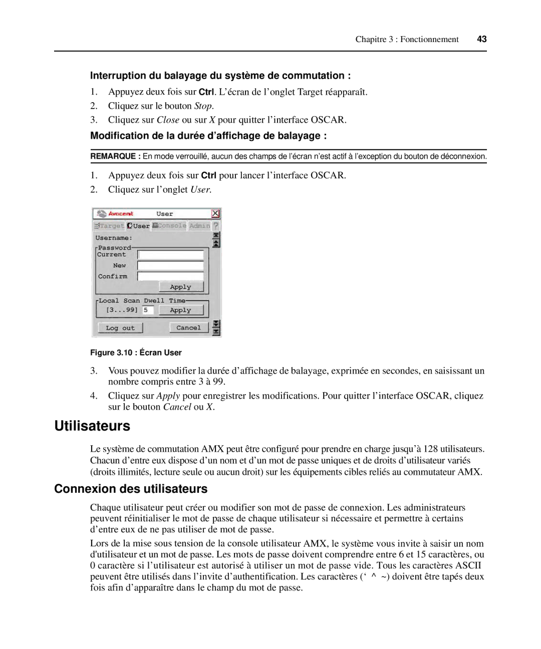 Avocent 590-222-501M manual Utilisateurs, Connexion des utilisateurs, Interruption du balayage du système de commutation 