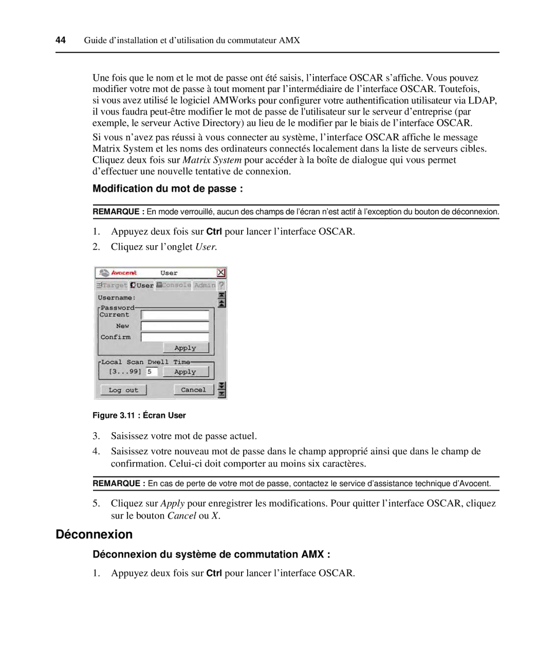 Avocent 590-222-501M manual Modification du mot de passe, Déconnexion du système de commutation AMX 