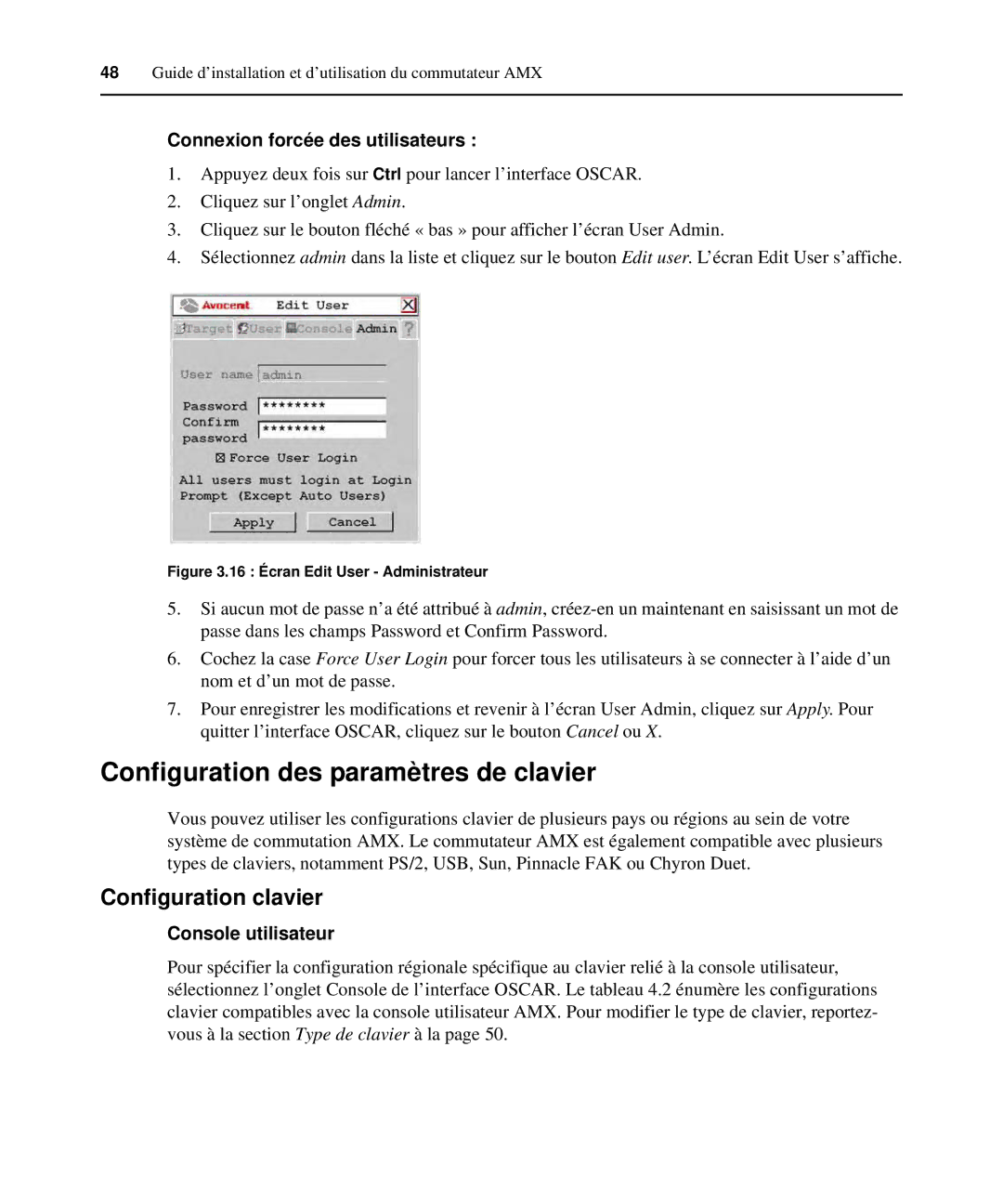 Avocent 590-222-501M Configuration des paramètres de clavier, Configuration clavier, Connexion forcée des utilisateurs 