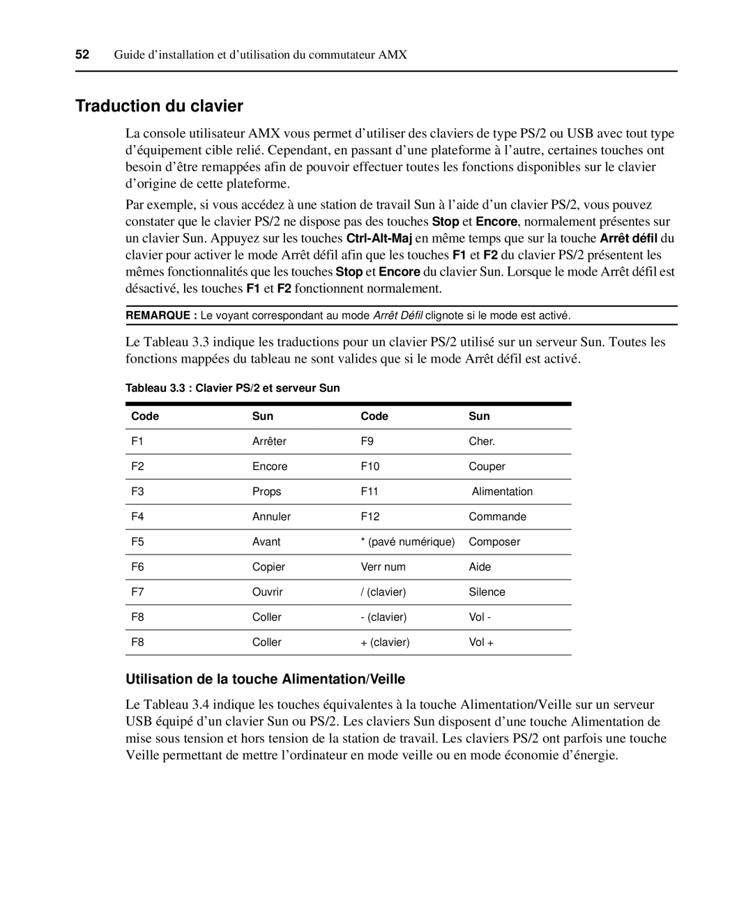 Avocent 590-222-501M manual Traduction du clavier, Utilisation de la touche Alimentation/Veille 