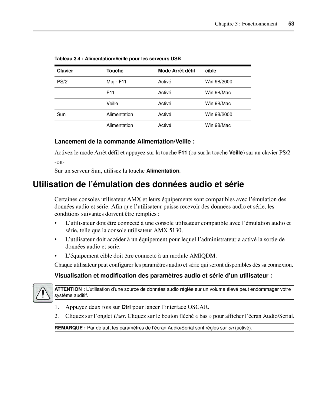 Avocent 590-222-501M Utilisation de l’émulation des données audio et série, Lancement de la commande Alimentation/Veille 