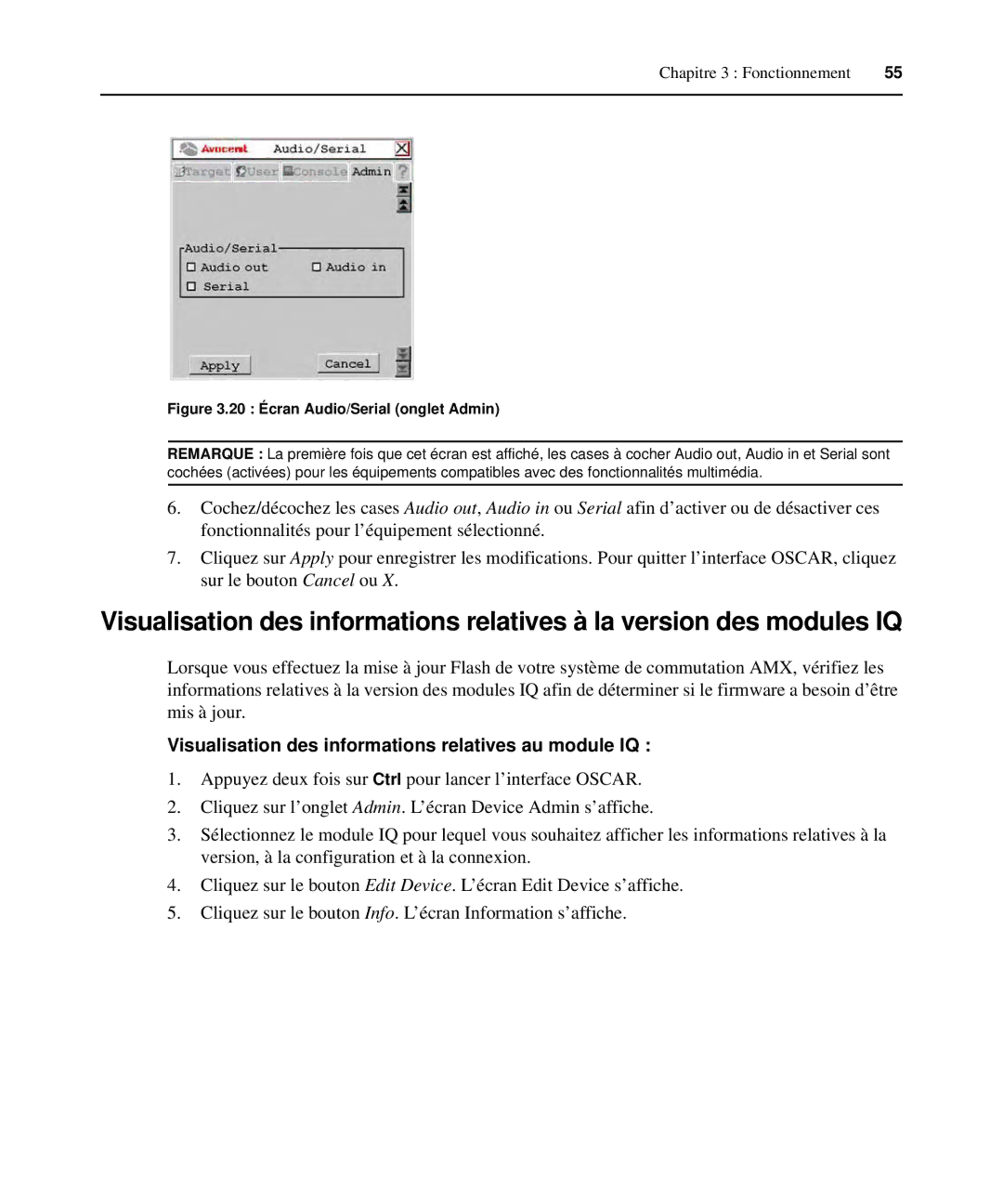 Avocent 590-222-501M manual Visualisation des informations relatives au module IQ, 20 Écran Audio/Serial onglet Admin 