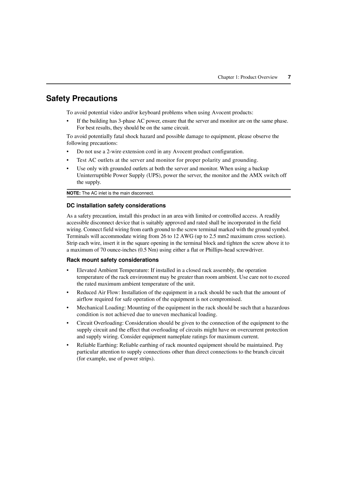 Avocent 590-222-501M manual Safety Precautions, DC installation safety considerations, Rack mount safety considerations 