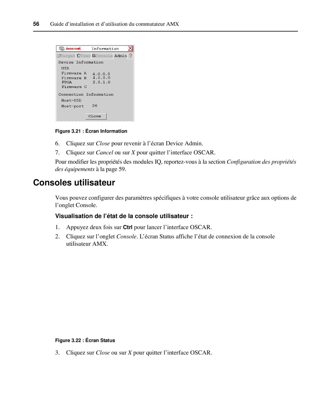 Avocent 590-222-501M manual Consoles utilisateur, Visualisation de l’état de la console utilisateur 