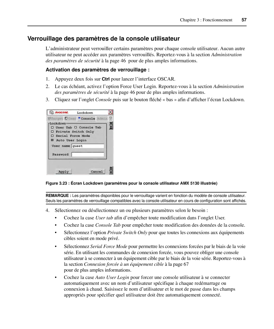 Avocent 590-222-501M Verrouillage des paramètres de la console utilisateur, Activation des paramètres de verrouillage 