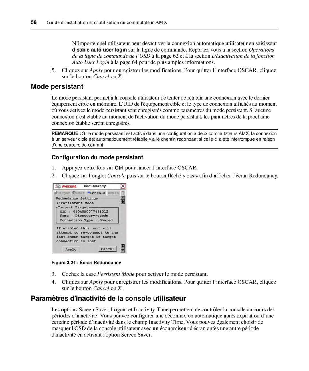 Avocent 590-222-501M Mode persistant, Paramètres dinactivité de la console utilisateur, Configuration du mode persistant 