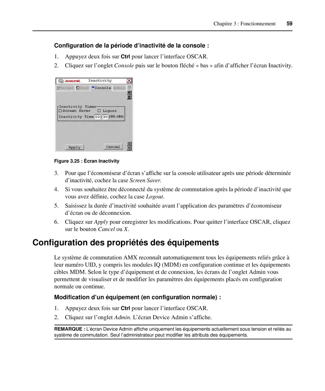 Avocent 590-222-501M Configuration des propriétés des équipements, Configuration de la période d’inactivité de la console 