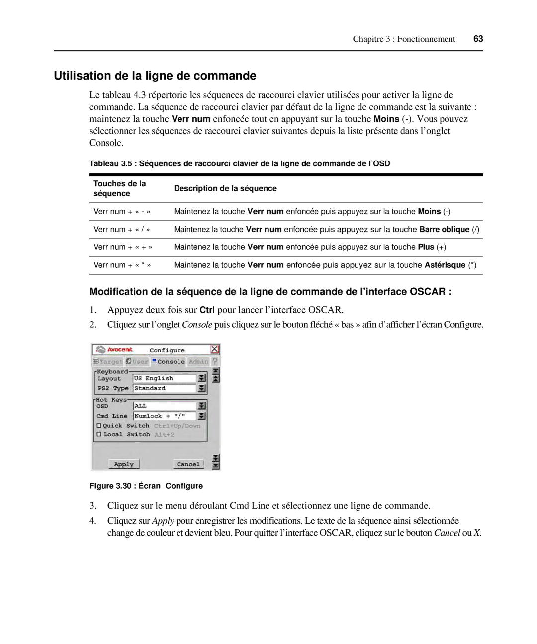 Avocent 590-222-501M manual Utilisation de la ligne de commande, 30 Écran Configure 