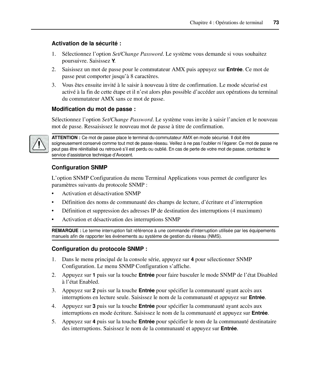 Avocent 590-222-501M manual Activation de la sécurité, Configuration Snmp, Configuration du protocole Snmp 