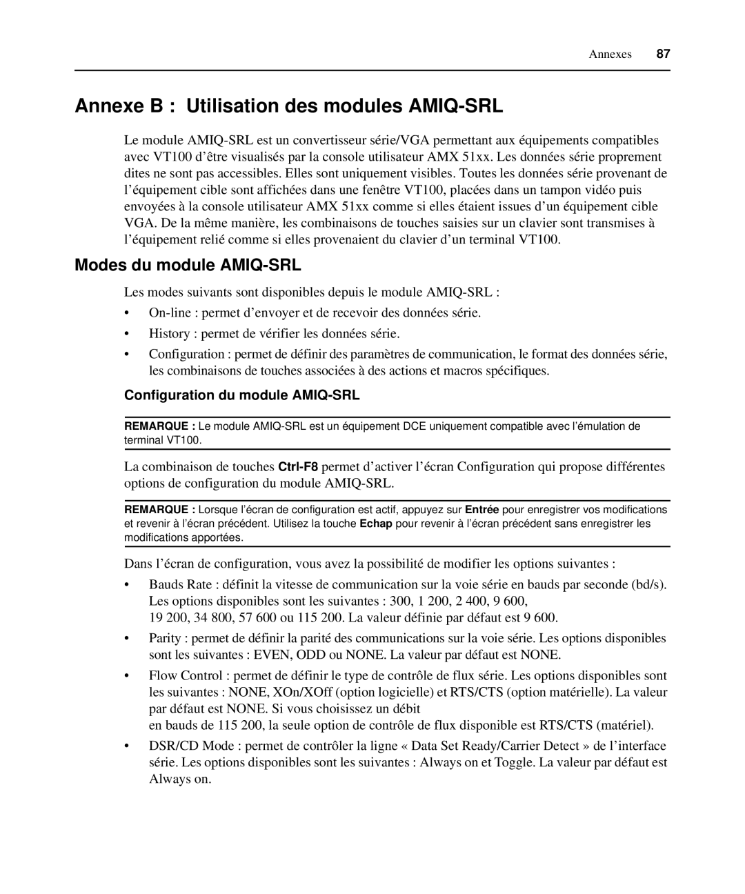 Avocent 590-222-501M Annexe B Utilisation des modules AMIQ-SRL, Modes du module AMIQ-SRL, Configuration du module AMIQ-SRL 