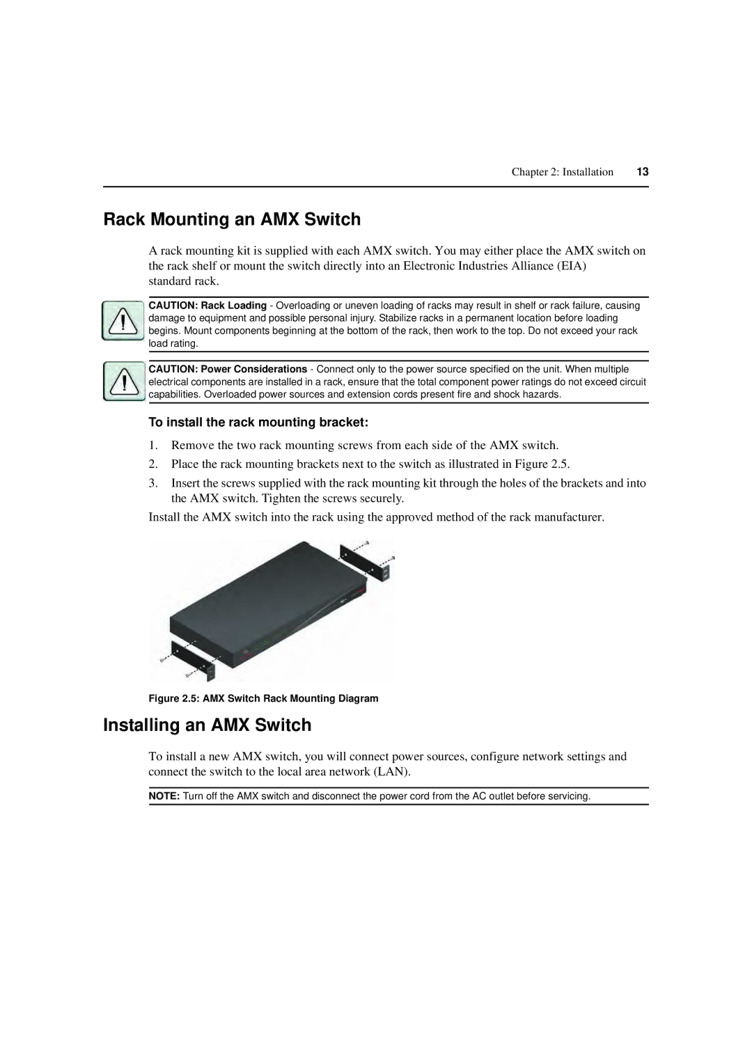 Avocent 590-222-501M manual Rack Mounting an AMX Switch, Installing an AMX Switch, To install the rack mounting bracket 