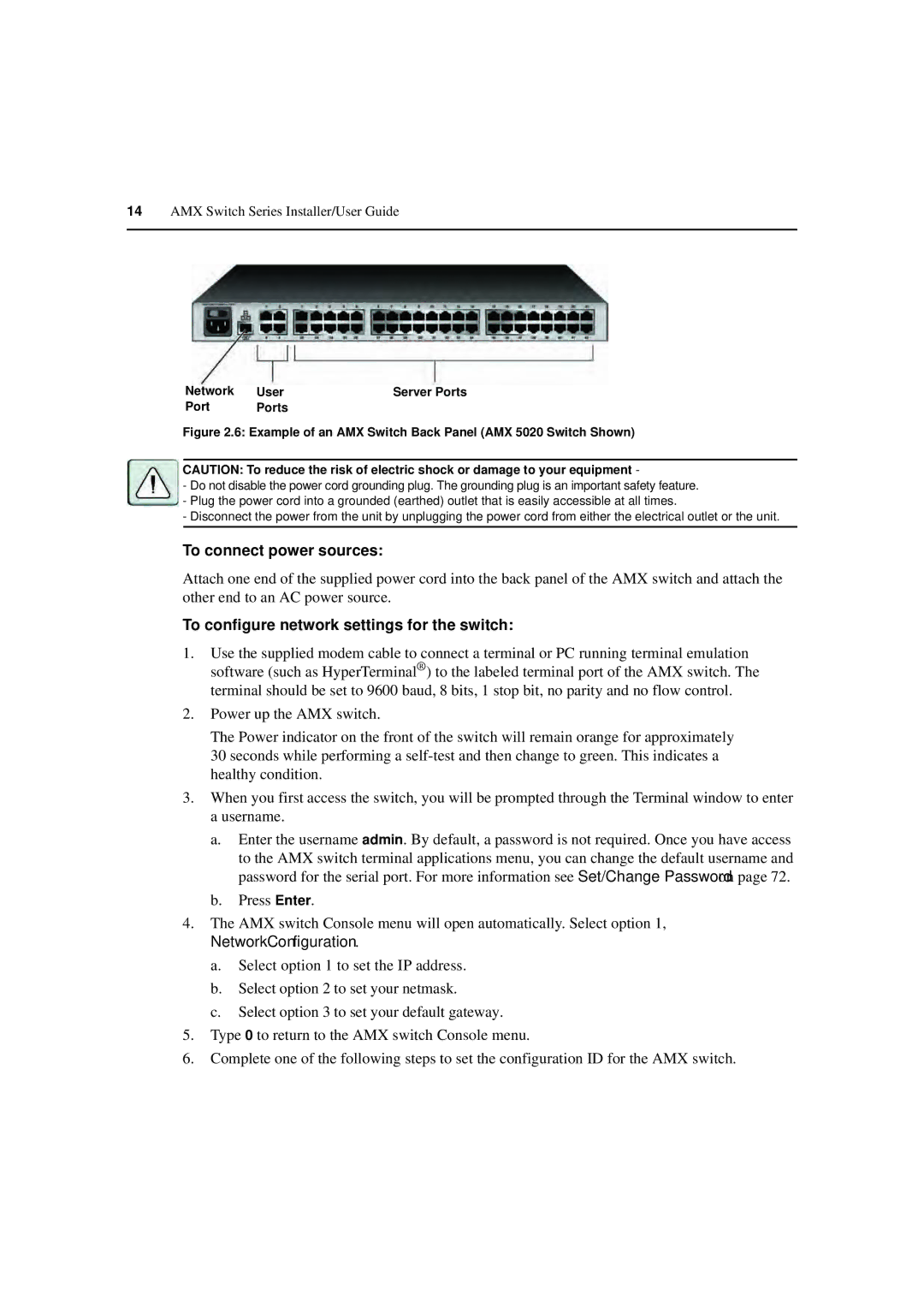 Avocent 590-222-501M To connect power sources, To configure network settings for the switch, Network User, Port Ports 