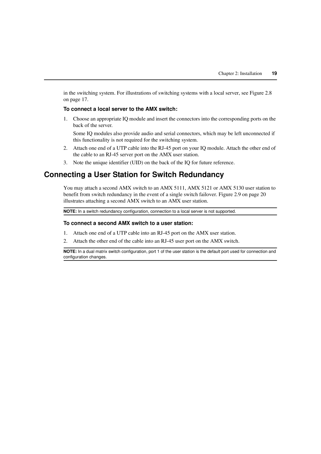 Avocent 590-222-501M manual Connecting a User Station for Switch Redundancy, To connect a local server to the AMX switch 