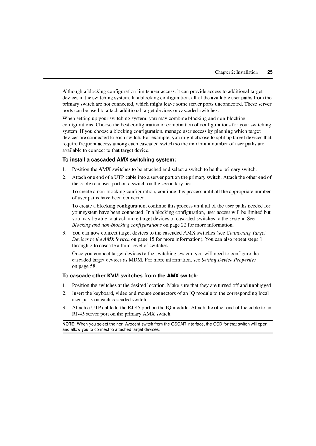 Avocent 590-222-501M manual To install a cascaded AMX switching system, To cascade other KVM switches from the AMX switch 