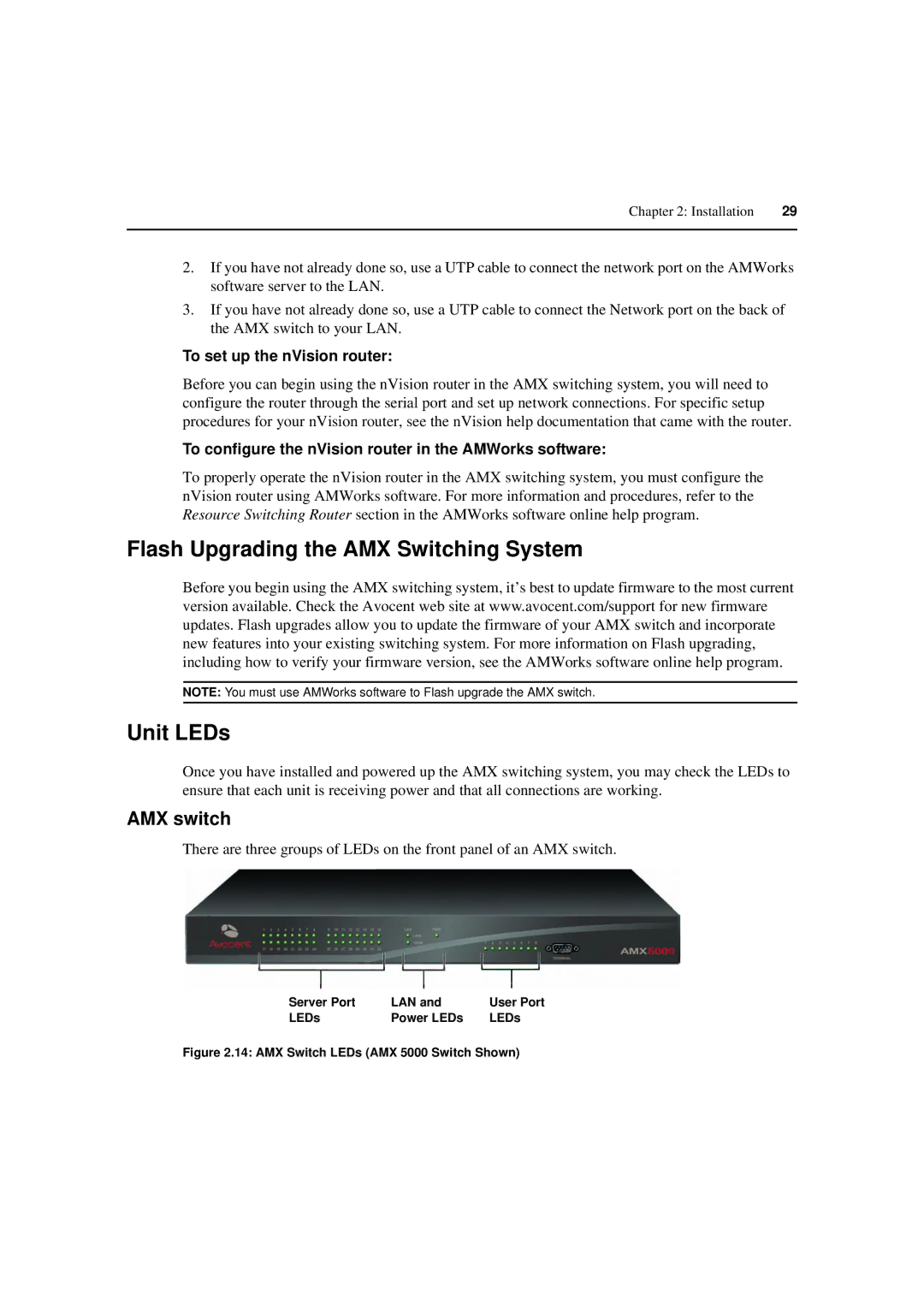 Avocent 590-222-501M Flash Upgrading the AMX Switching System Unit LEDs, To set up the nVision router, Server Port LAN 