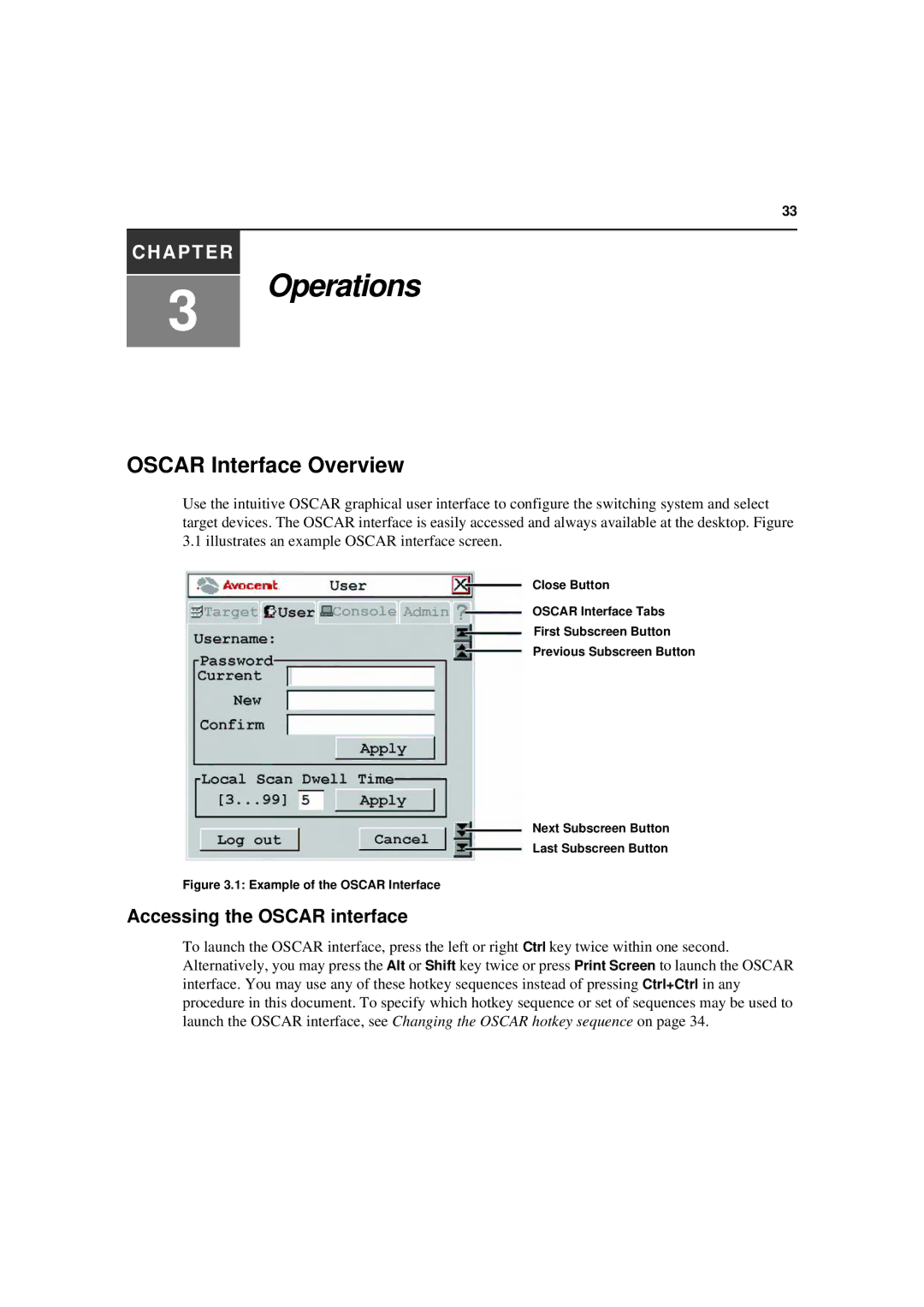 Avocent 590-222-501M manual Oscar Interface Overview, Accessing the Oscar interface 