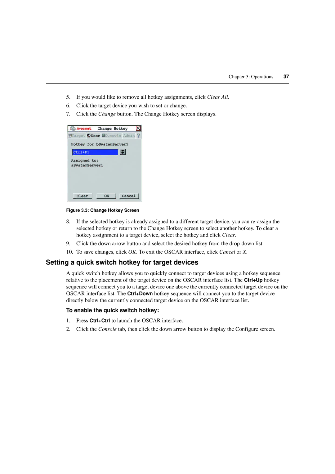 Avocent 590-222-501M manual Setting a quick switch hotkey for target devices, To enable the quick switch hotkey 