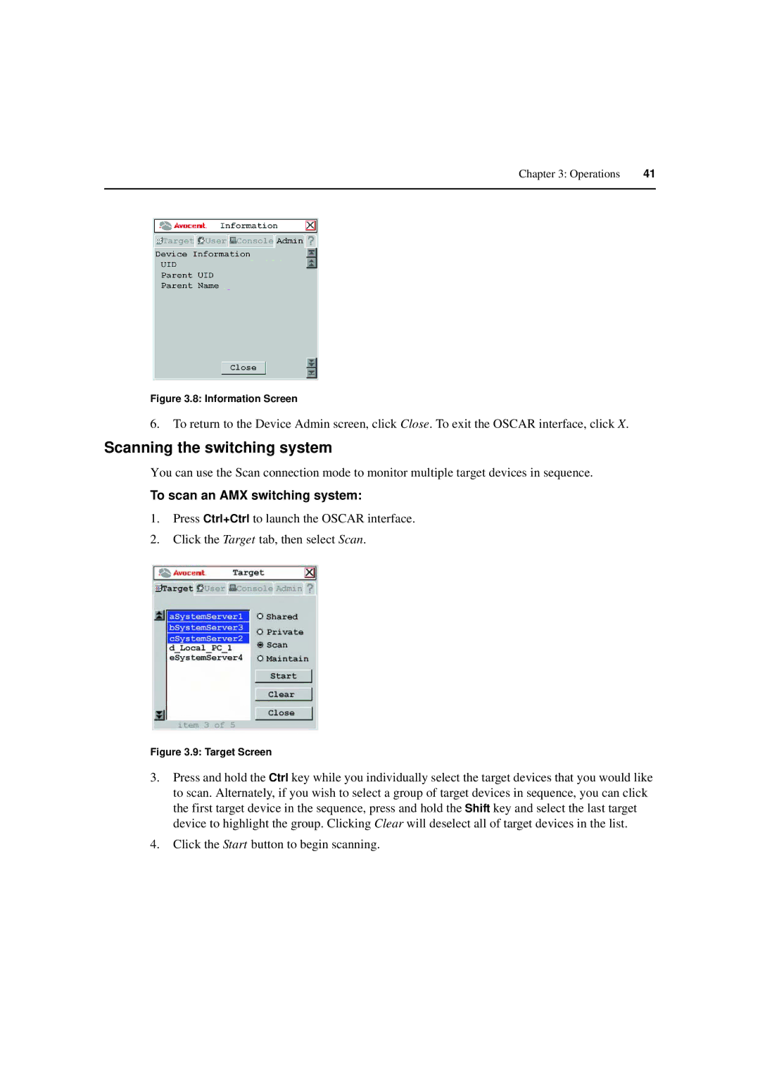 Avocent 590-222-501M manual Scanning the switching system, To scan an AMX switching system 