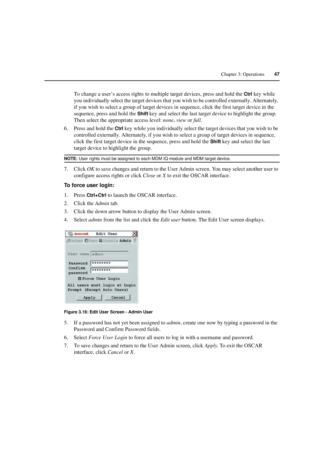 Avocent 590-222-501M manual To force user login, Edit User Screen Admin User 