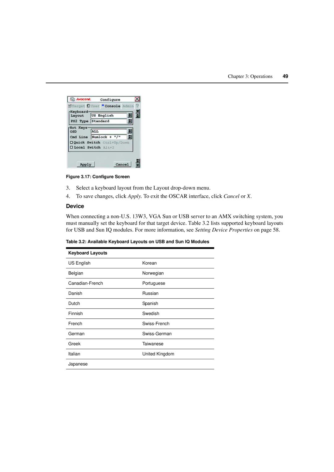 Avocent 590-222-501M manual Device, Available Keyboard Layouts on USB and Sun IQ Modules 