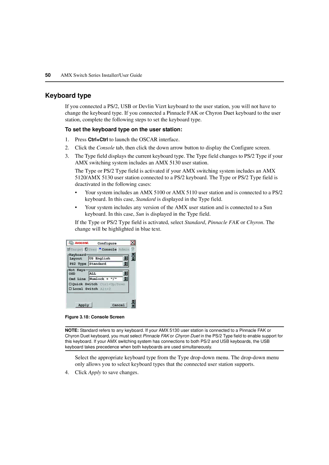 Avocent 590-222-501M manual Keyboard type, To set the keyboard type on the user station 