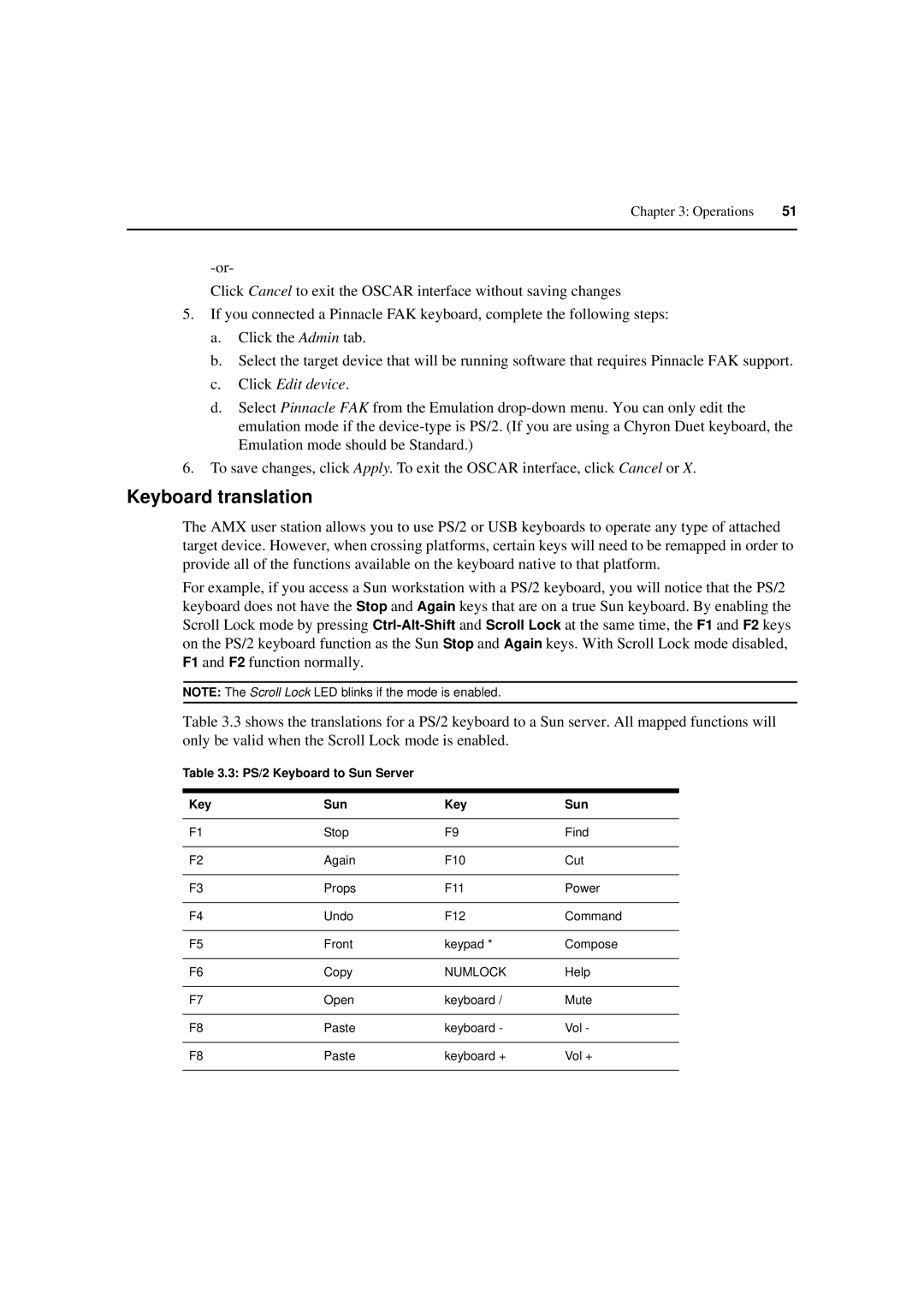 Avocent 590-222-501M manual Keyboard translation, PS/2 Keyboard to Sun Server 