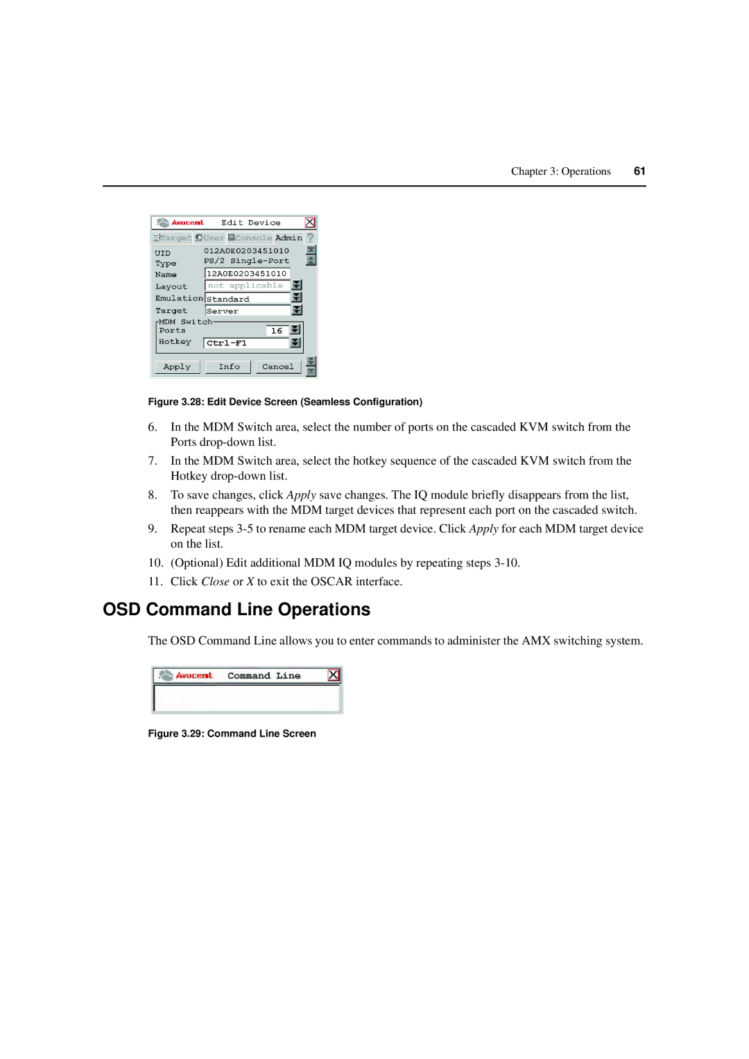 Avocent 590-222-501M manual OSD Command Line Operations, Edit Device Screen Seamless Configuration 