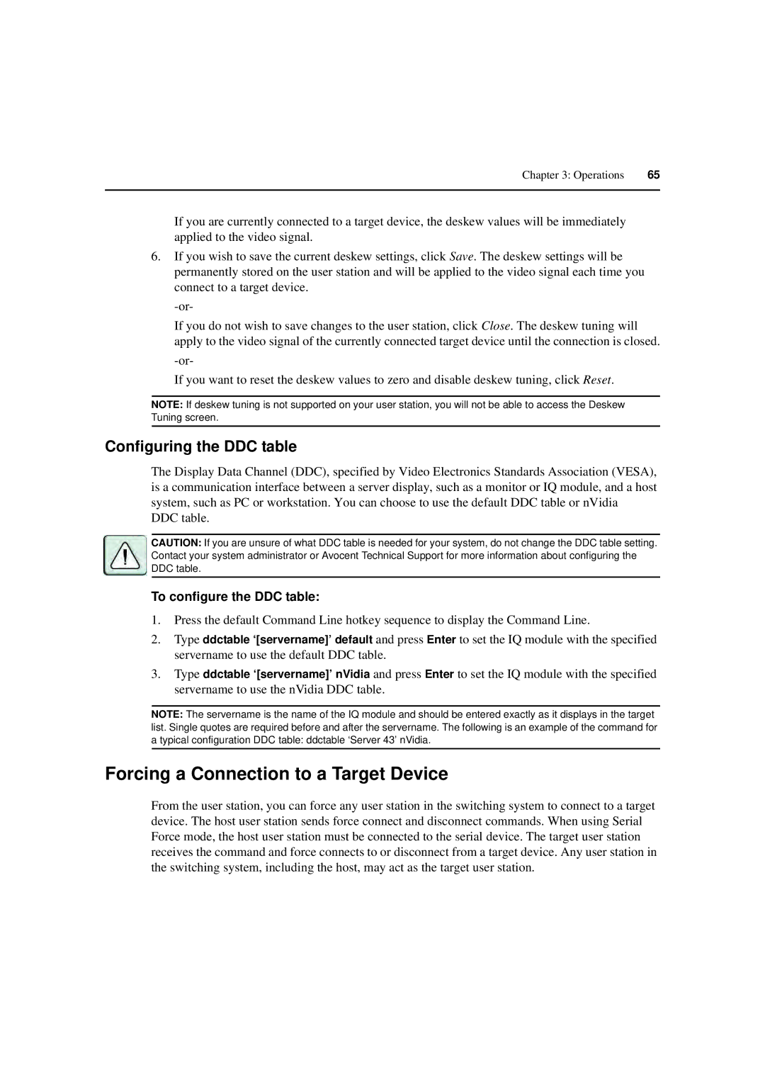 Avocent 590-222-501M manual Forcing a Connection to a Target Device, Configuring the DDC table, To configure the DDC table 