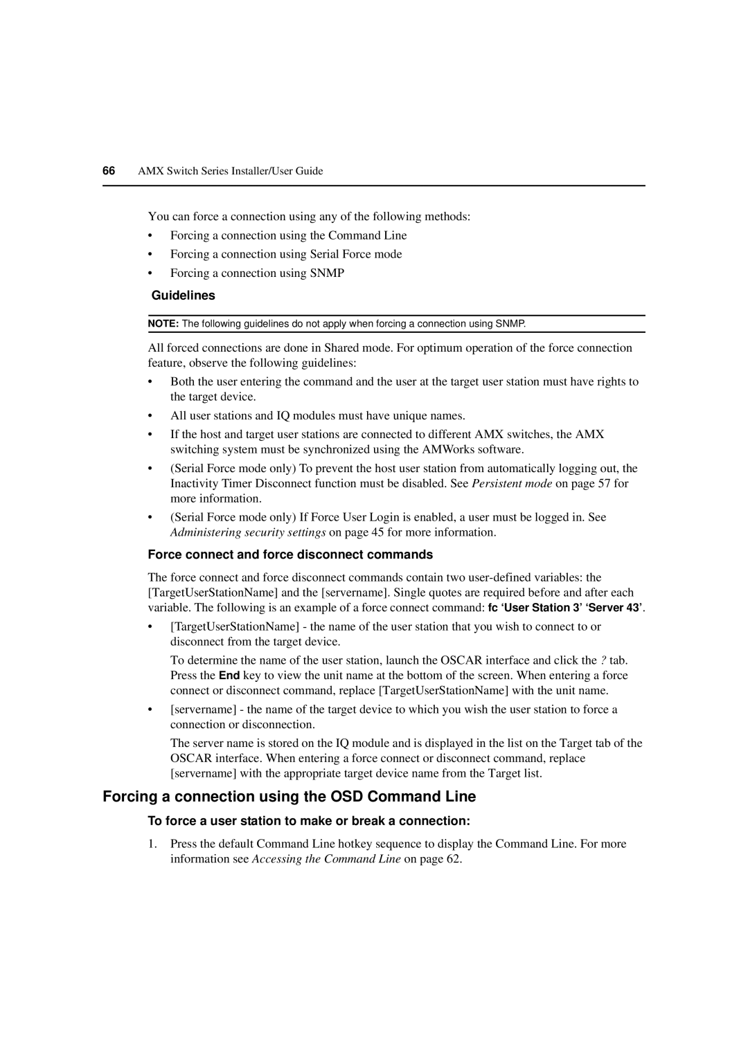 Avocent 590-222-501M manual Forcing a connection using the OSD Command Line, Guidelines 