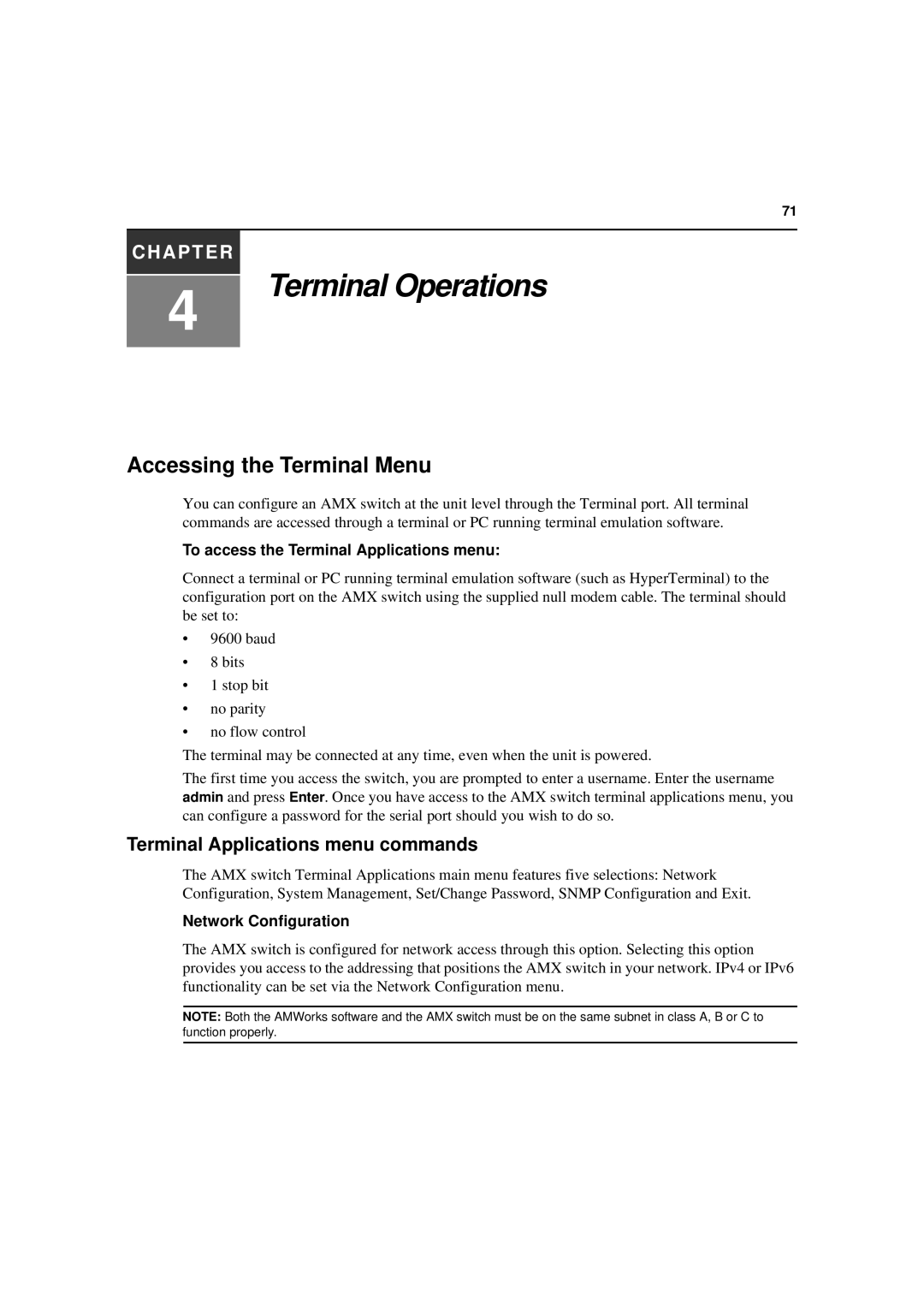 Avocent 590-222-501M manual Accessing the Terminal Menu, Terminal Applications menu commands, Network Configuration 