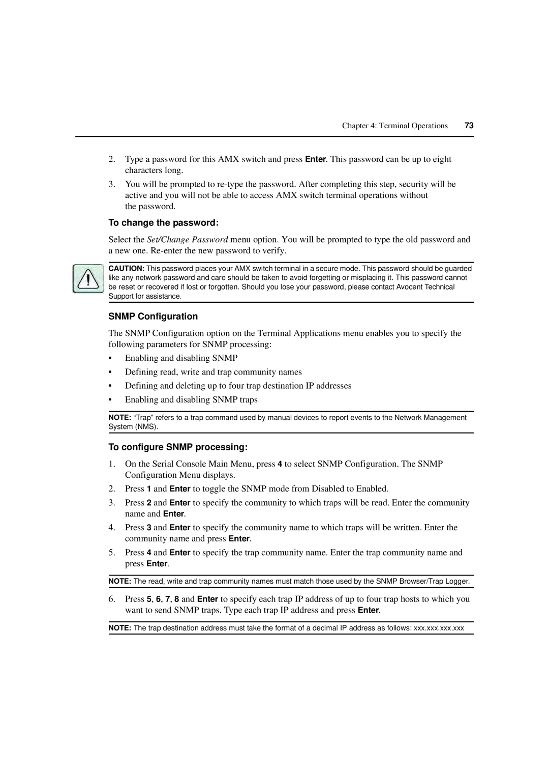 Avocent 590-222-501M manual To change the password, Snmp Configuration, To configure Snmp processing 