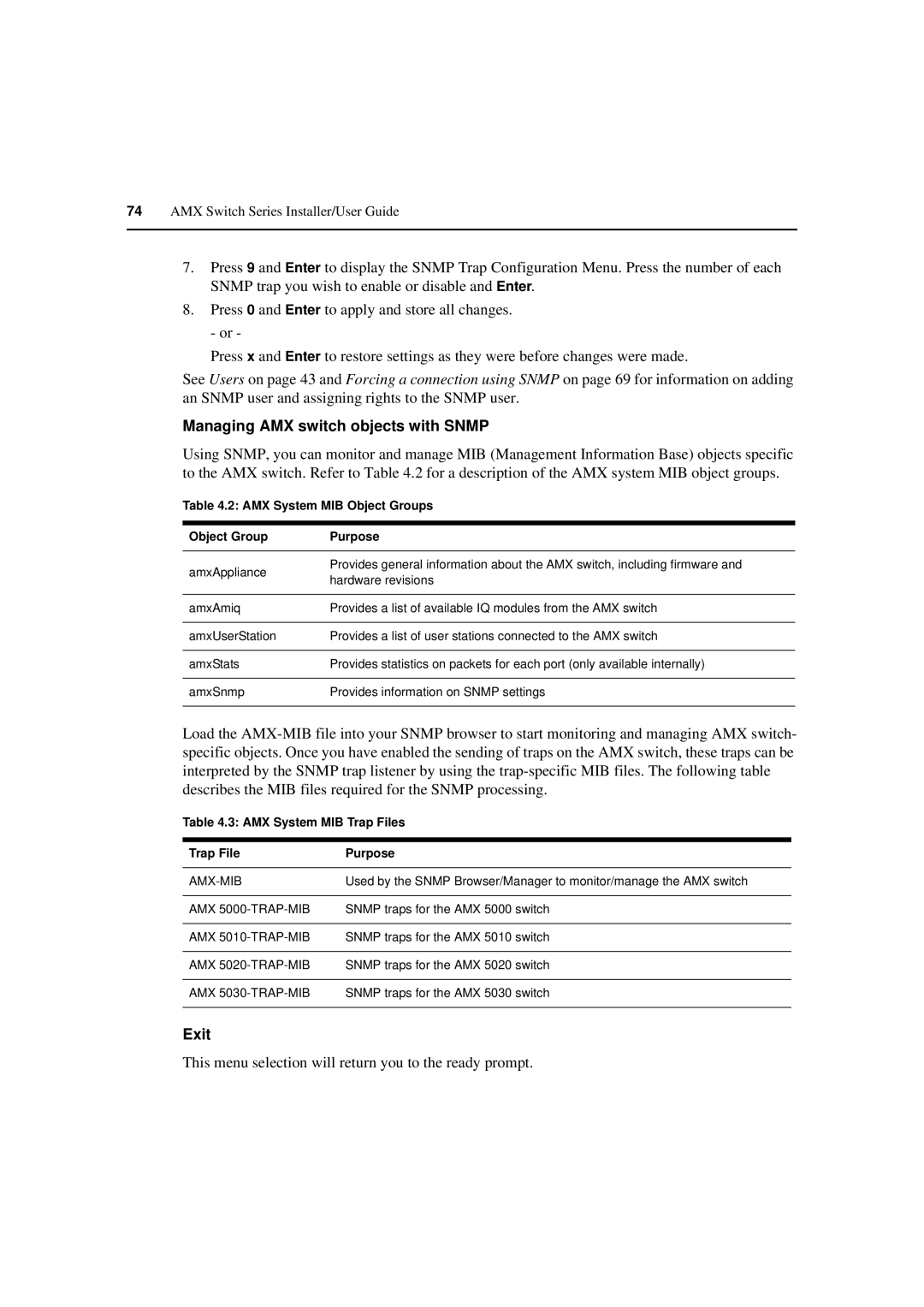 Avocent 590-222-501M manual Managing AMX switch objects with Snmp, Exit, AMX System MIB Object Groups Purpose 