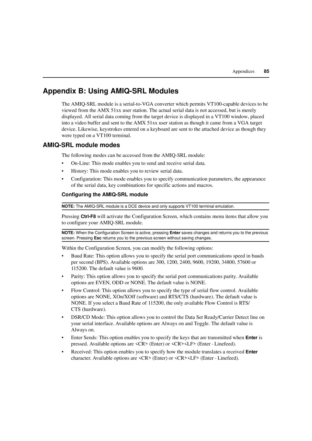 Avocent 590-222-501M manual Appendix B Using AMIQ-SRL Modules, AMIQ-SRL module modes, Configuring the AMIQ-SRL module 