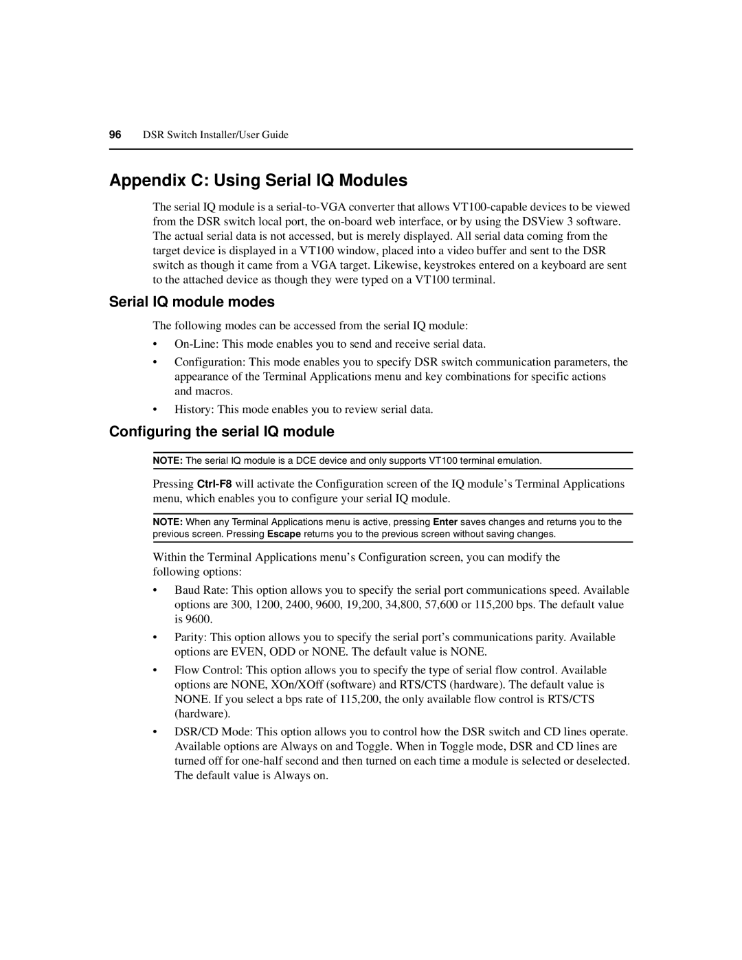 Avocent 590-686-501D manual Appendix C Using Serial IQ Modules, Serial IQ module modes, Configuring the serial IQ module 