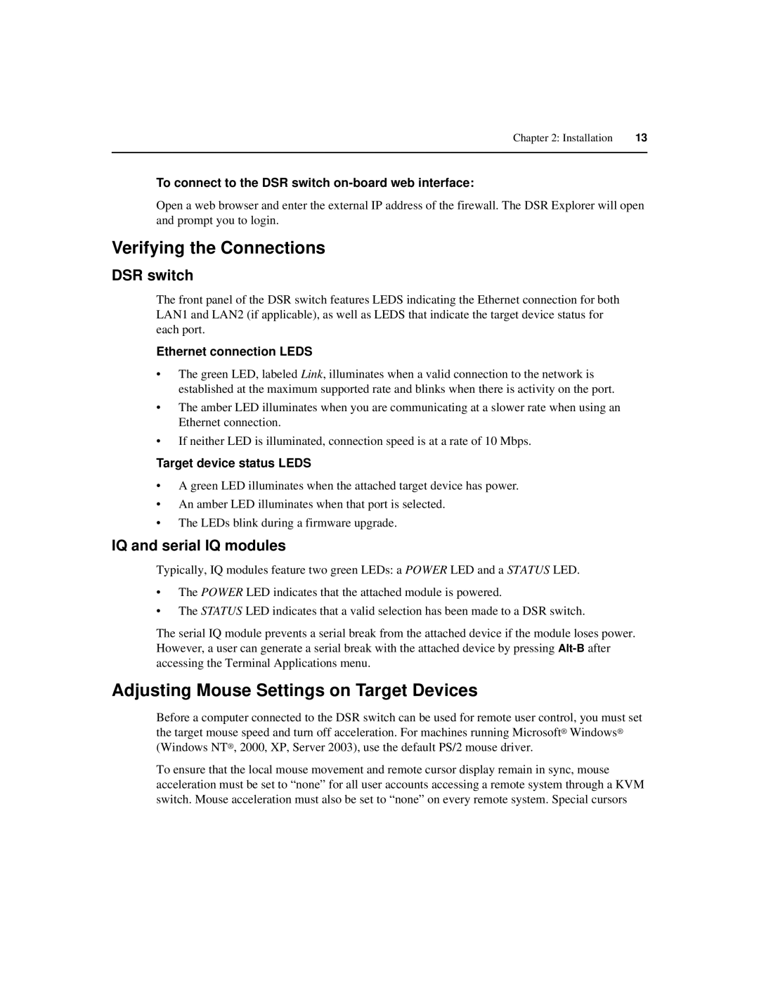 Avocent 590-686-501D manual Verifying the Connections, Adjusting Mouse Settings on Target Devices, DSR switch 