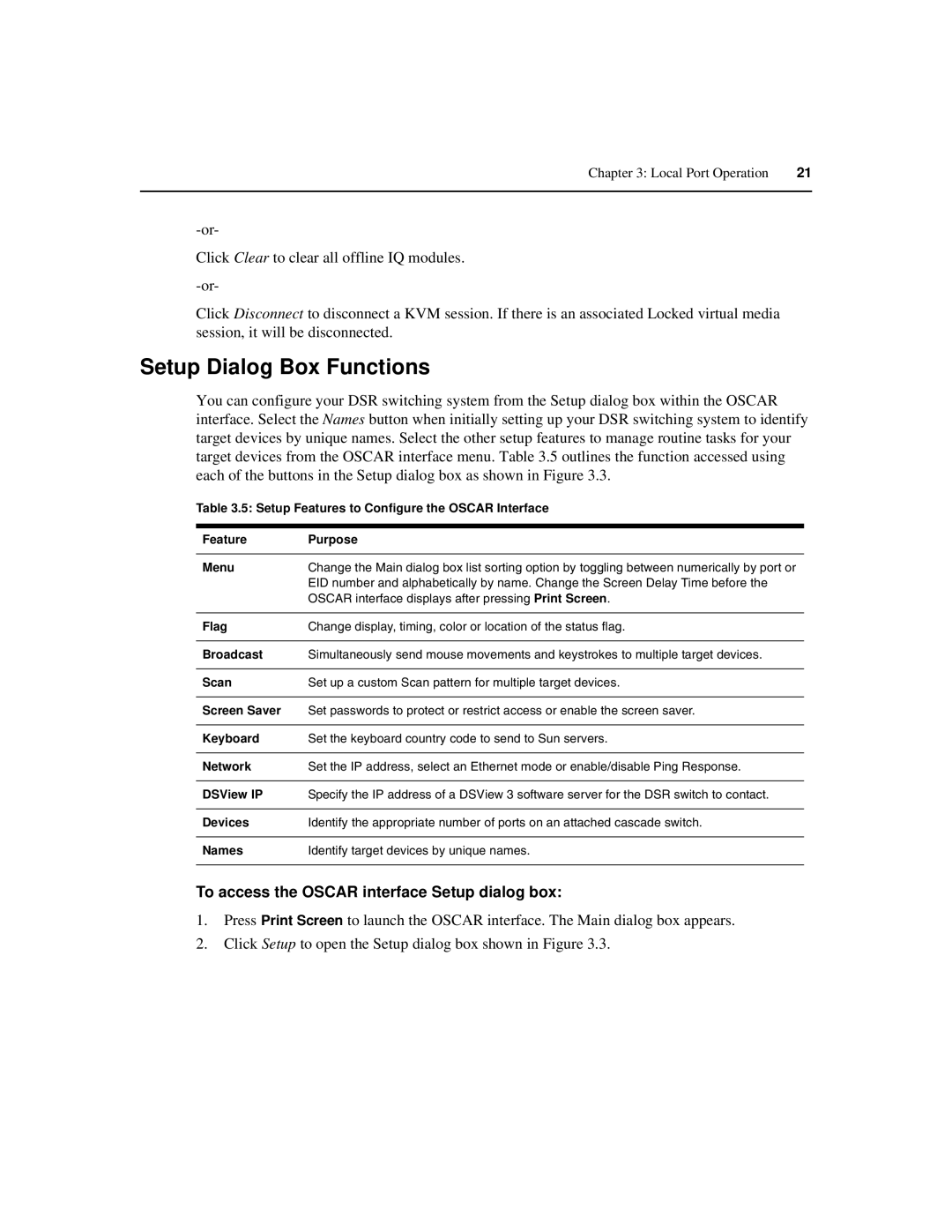 Avocent 590-686-501D manual Setup Dialog Box Functions, To access the Oscar interface Setup dialog box 