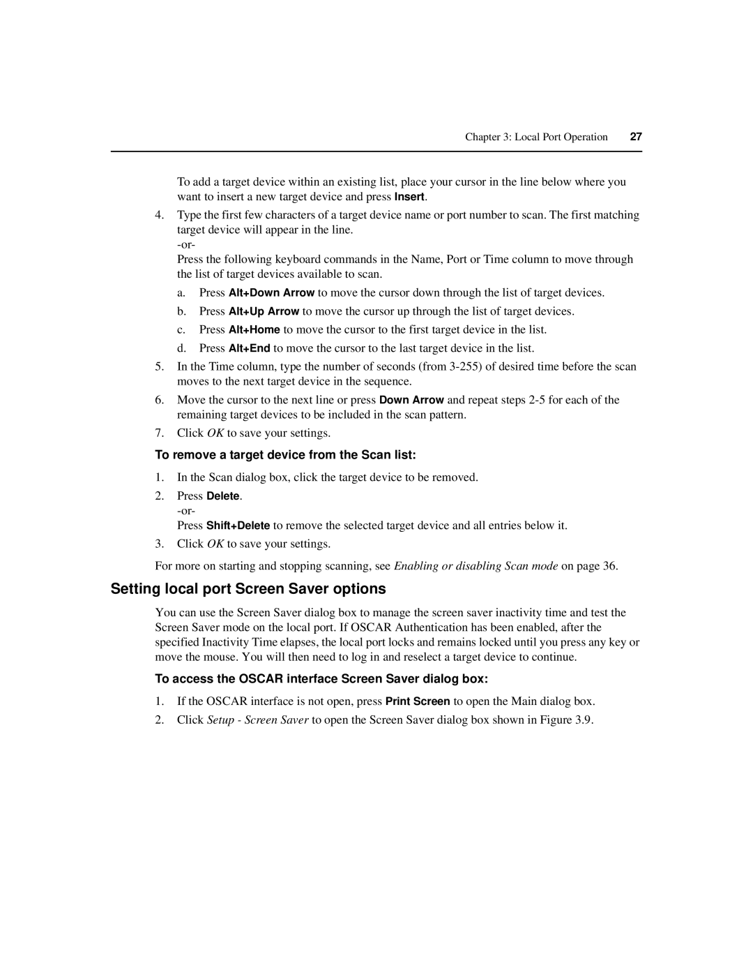 Avocent 590-686-501D manual Setting local port Screen Saver options, To remove a target device from the Scan list 