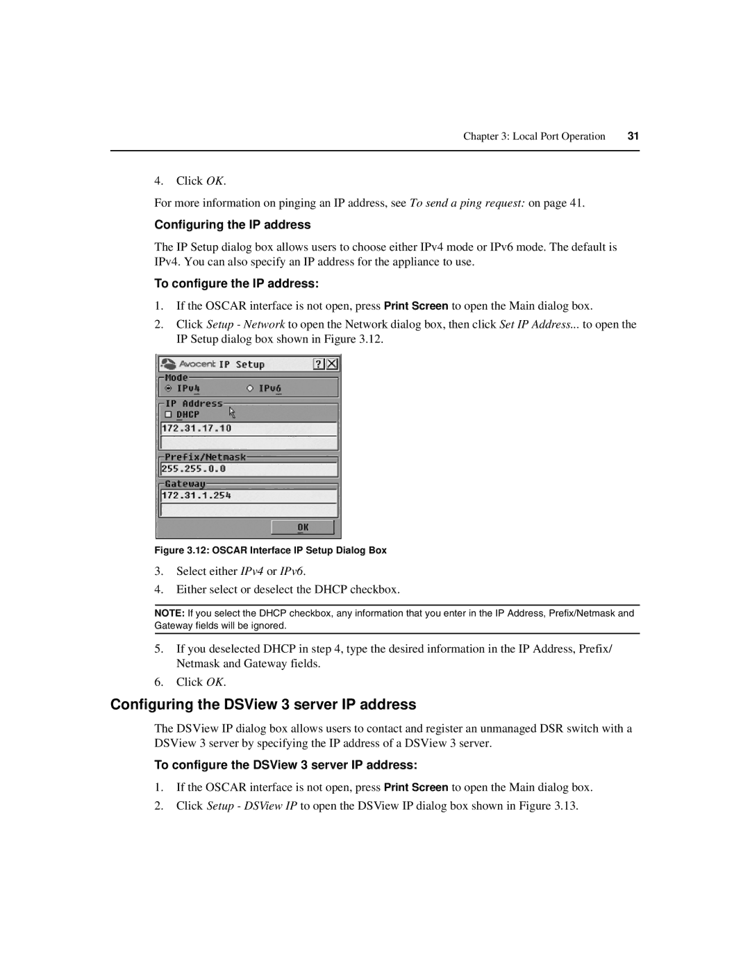 Avocent 590-686-501D Configuring the DSView 3 server IP address, Configuring the IP address, To configure the IP address 