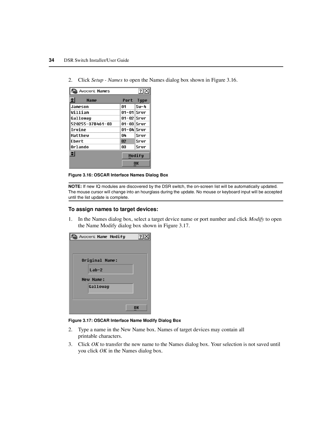 Avocent 590-686-501D manual To assign names to target devices, Oscar Interface Names Dialog Box 