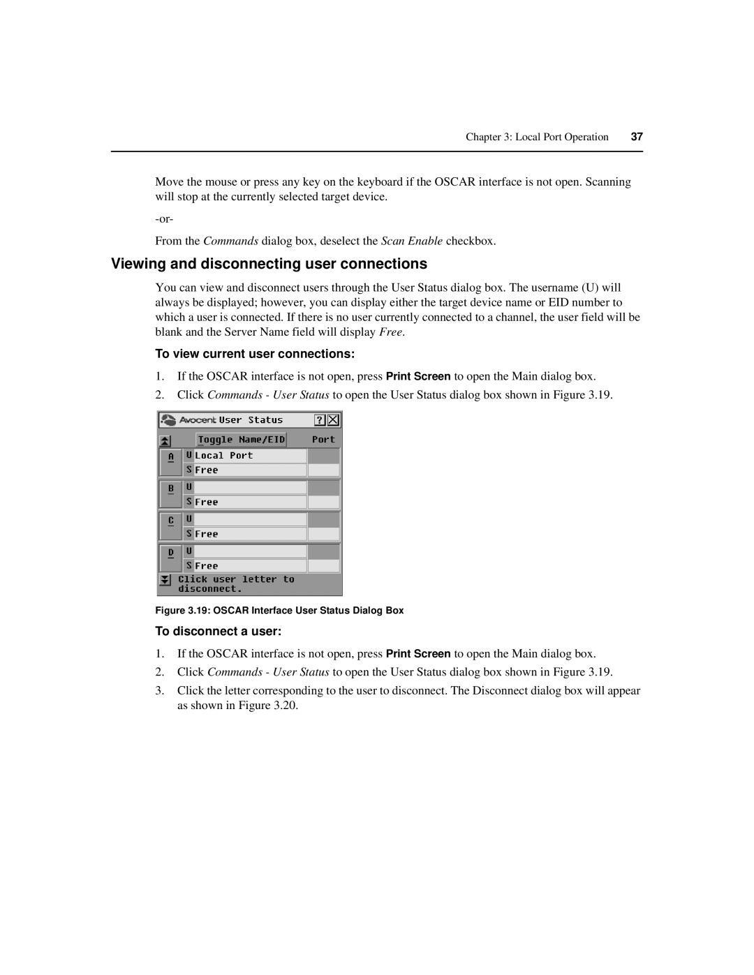 Avocent 590-686-501D Viewing and disconnecting user connections, To view current user connections, To disconnect a user 