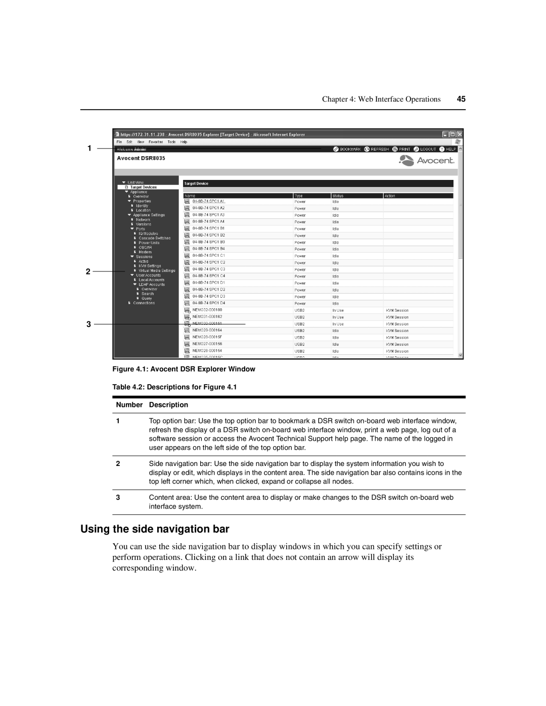 Avocent 590-686-501D manual Using the side navigation bar, Web Interface Operations 