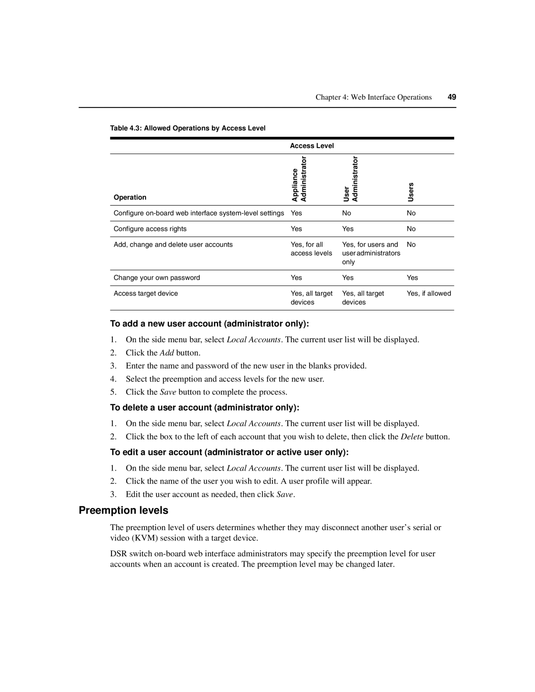 Avocent 590-686-501D manual Preemption levels, To add a new user account administrator only 