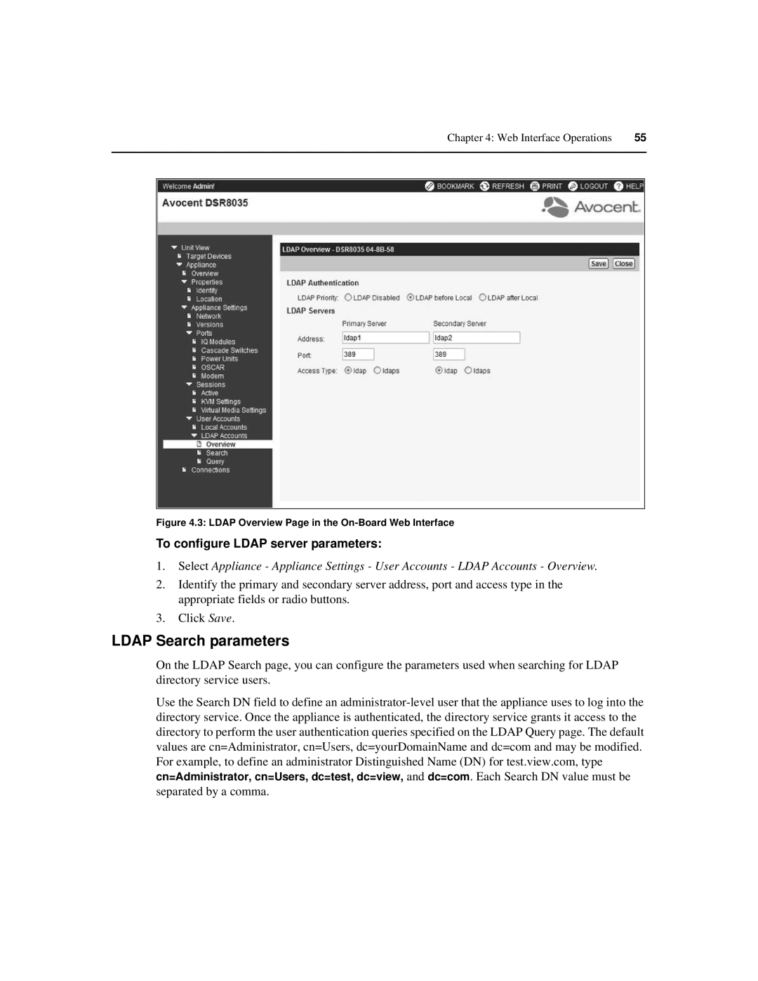 Avocent 590-686-501D manual Ldap Search parameters, To configure Ldap server parameters 