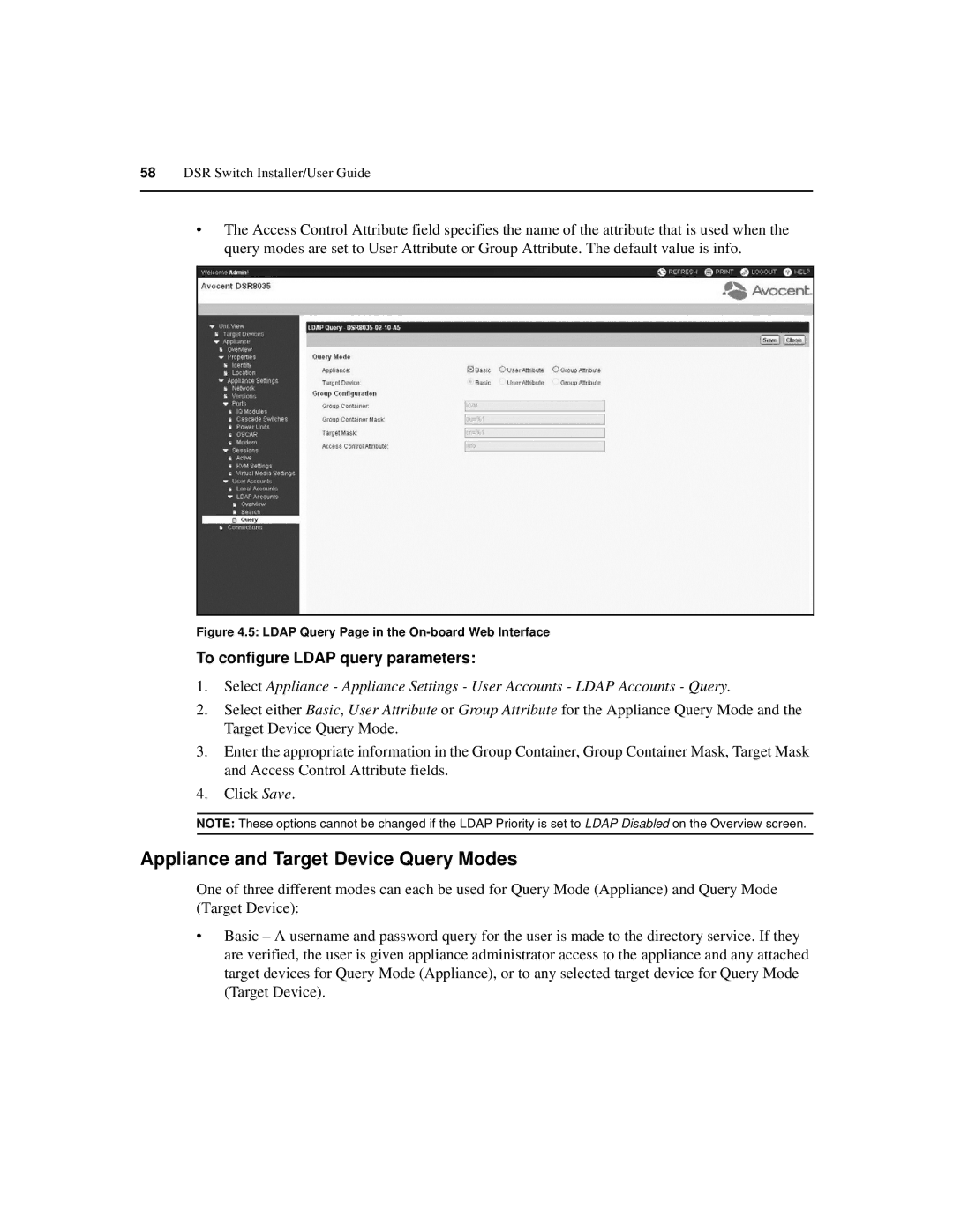 Avocent 590-686-501D manual Appliance and Target Device Query Modes, To configure Ldap query parameters 