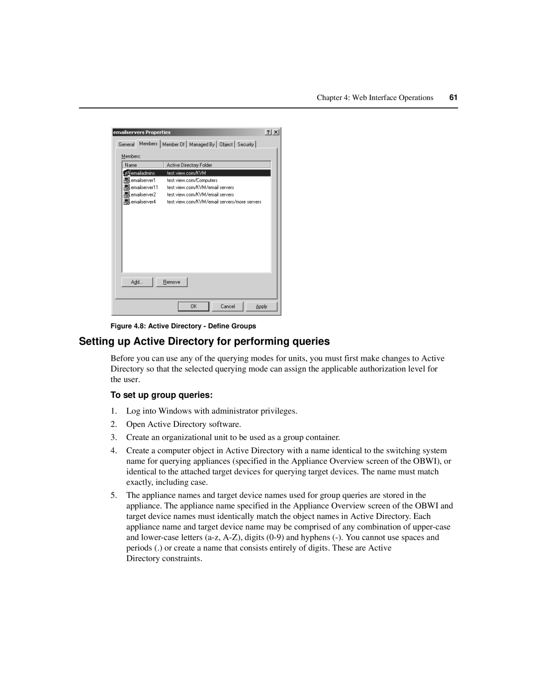 Avocent 590-686-501D manual Setting up Active Directory for performing queries, To set up group queries 