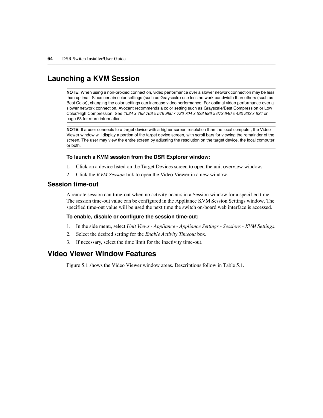 Avocent 590-686-501D Video Viewer Window Features, Session time-out, To launch a KVM session from the DSR Explorer window 